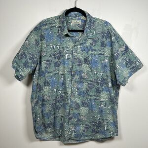 VTG LL Bean Button Up Shirt Men's XL Blue Floral Tropical Print Hawaiian 80s